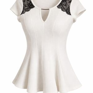 White Peplum Top with Black Lace Shoulders
